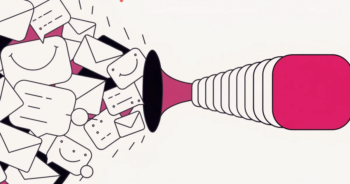 Ilustração de balões de conversa e envelopes entrando por um funil e saindo como uma fila ordenada de cartões, com o primeiro em rosa