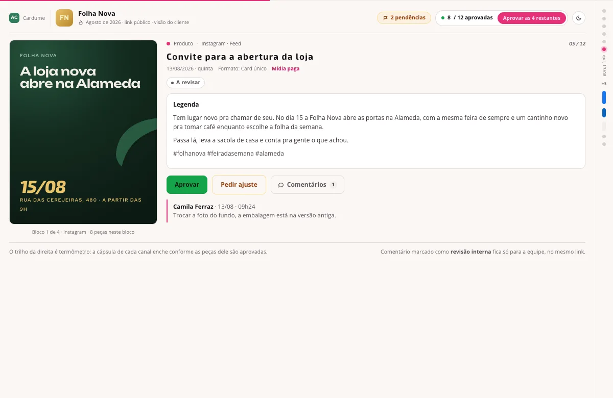 Página pública de aprovação da Fluimark, com a arte da peça, a legenda e os botões Aprovar e Pedir ajuste