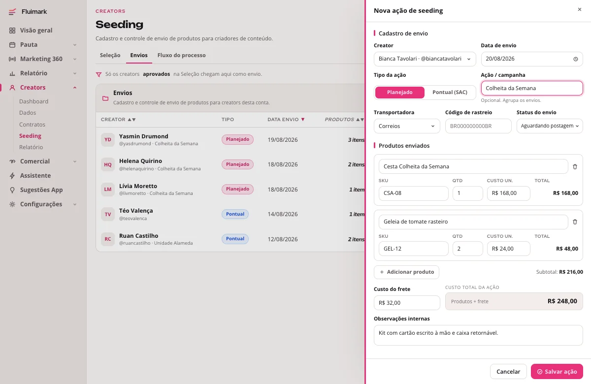 Tela de seeding da Fluimark com a lista de envios por creator, tipo, data, produtos, custo e status de entrega, e o painel lateral de cadastro de uma nova ação com transportadora, rastreio, produtos com SKU e o custo total