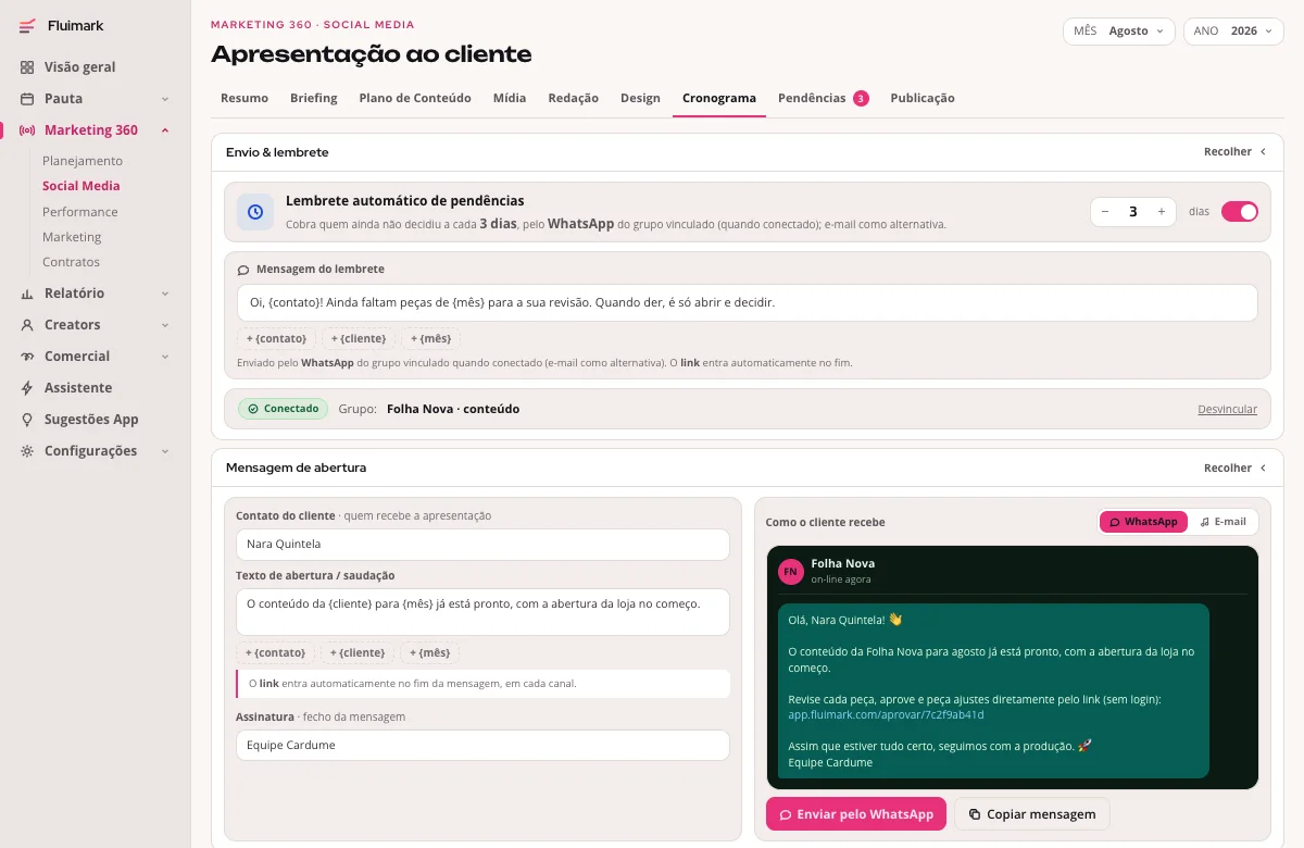 Tela de envio e lembrete da Fluimark, com o lembrete automático de pendências ligado, o intervalo em dias e a mensagem de abertura enviada a quem aprova