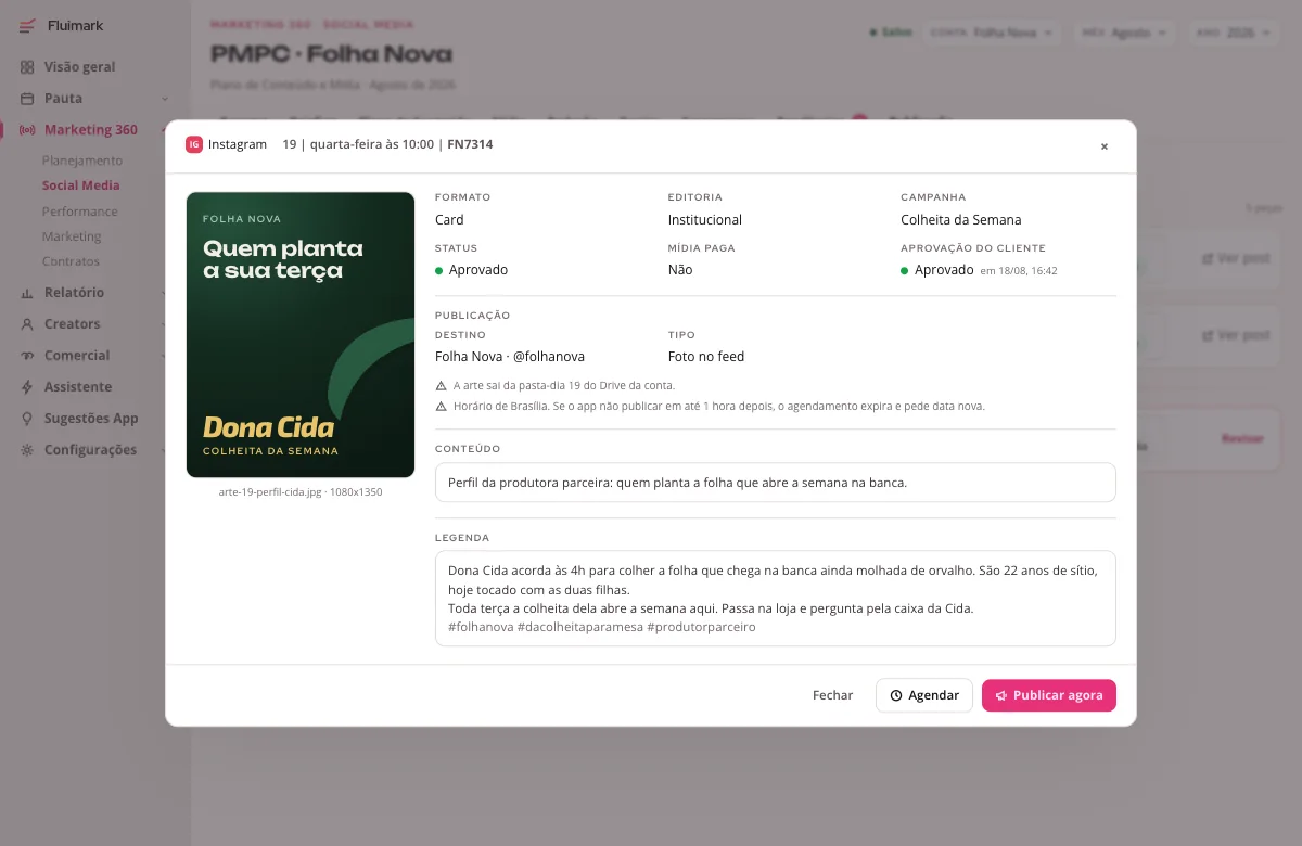 Janela de revisão de publicação da Fluimark com a arte da peça, a legenda, o destino, o tipo de post e a aprovação do cliente antes de agendar